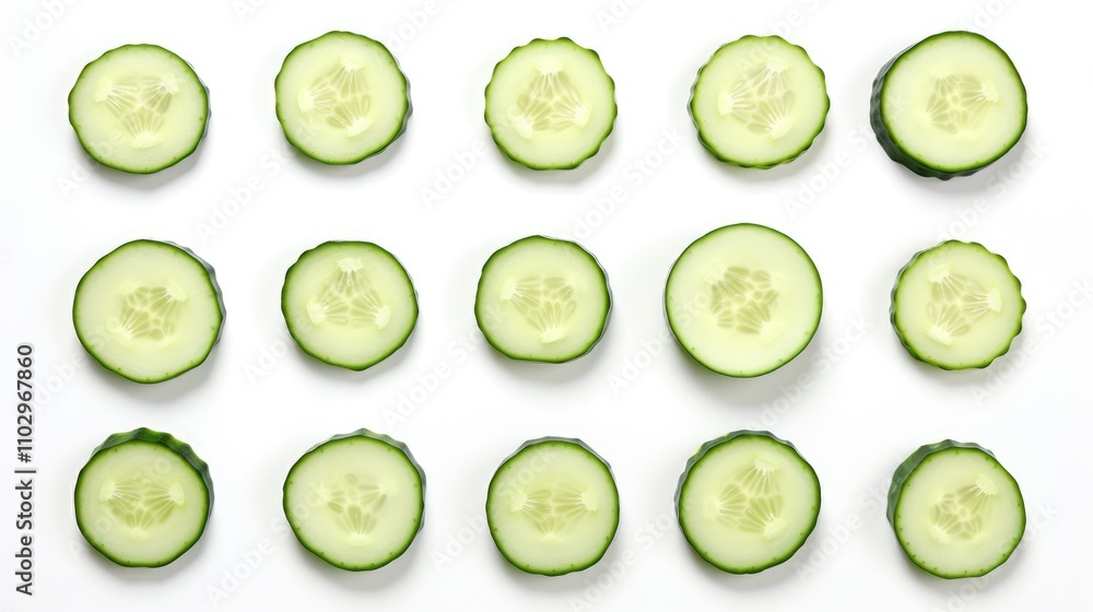 Aufkleber cucumber slices arranged in various angles on a white background showcasing fresh green color and te