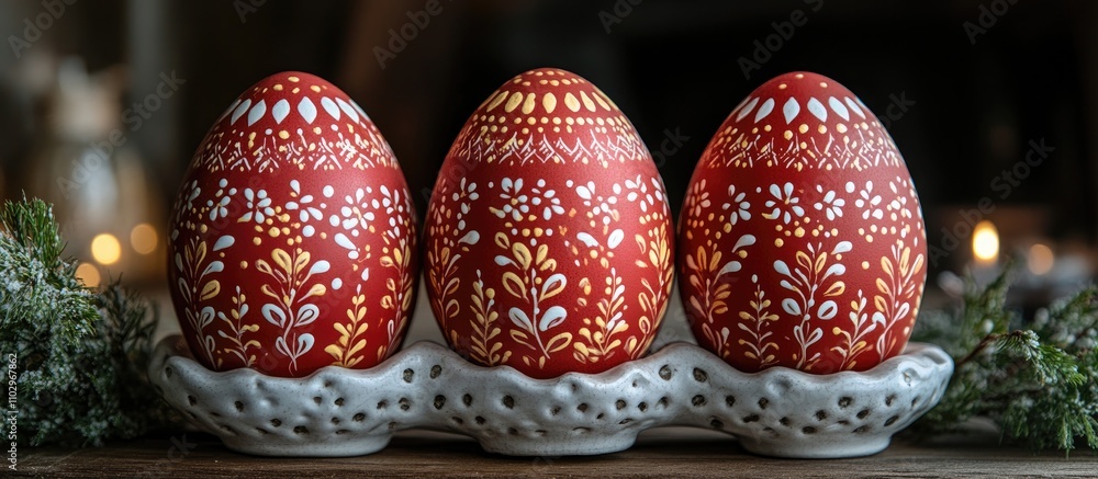 Poster decorative red eggs with leaf patterns displayed in a white ceramic holder surrounded by greenery an
