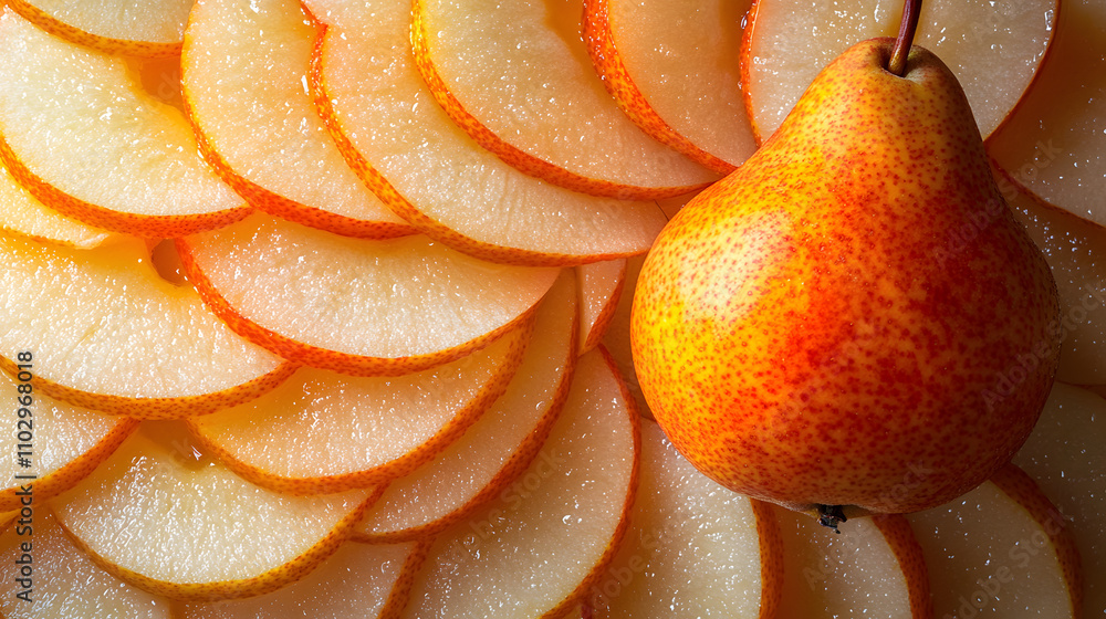 Poster close-up of a ripe pear and thin slices of pears arranged in a circular pattern.