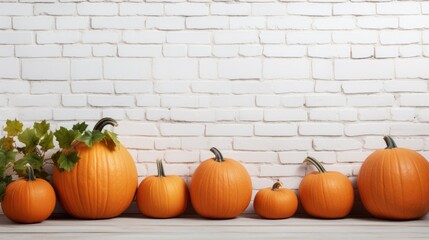 Pumpkins of various sizes arranged against a white brick wall creating a rustic autumnal decor scene