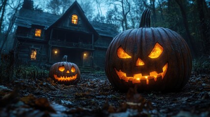 Fototapeta premium Spooky Halloween pumpkins glowing in the dark surrounded by leaves near a haunted house creating an eerie festive atmosphere