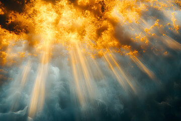Ethereal Glow: Shiny Gold Rays Penetrating Smoke Across a Misty Horizon