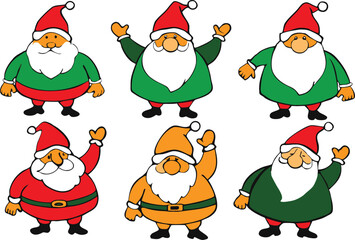 Six Jolly Cartoon Santas Festive Christmas Holiday Cheer Illustrations