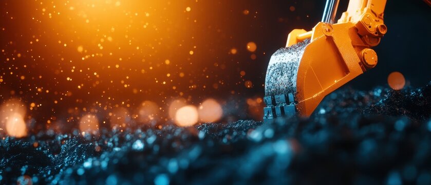 Heavy construction machinery: excavator arm digging in sparkling gravel at sunset