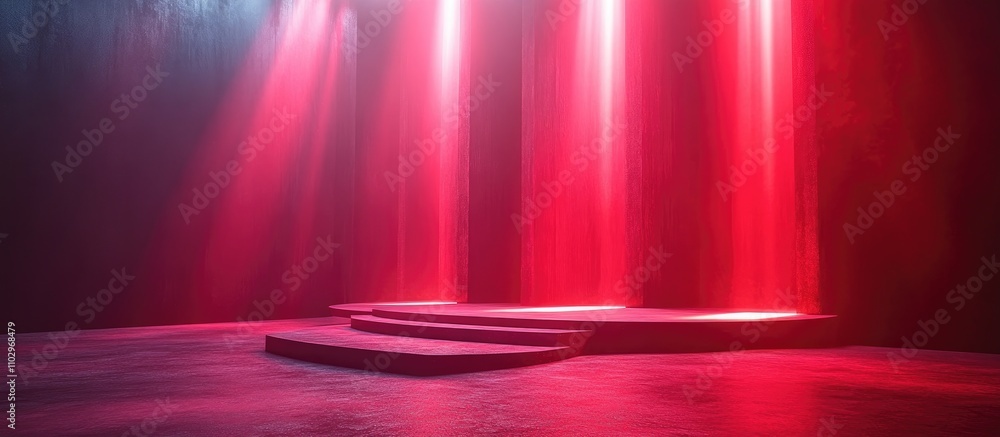 Poster contemporary red stage with spotlights and light beams for website design header or presentation in 