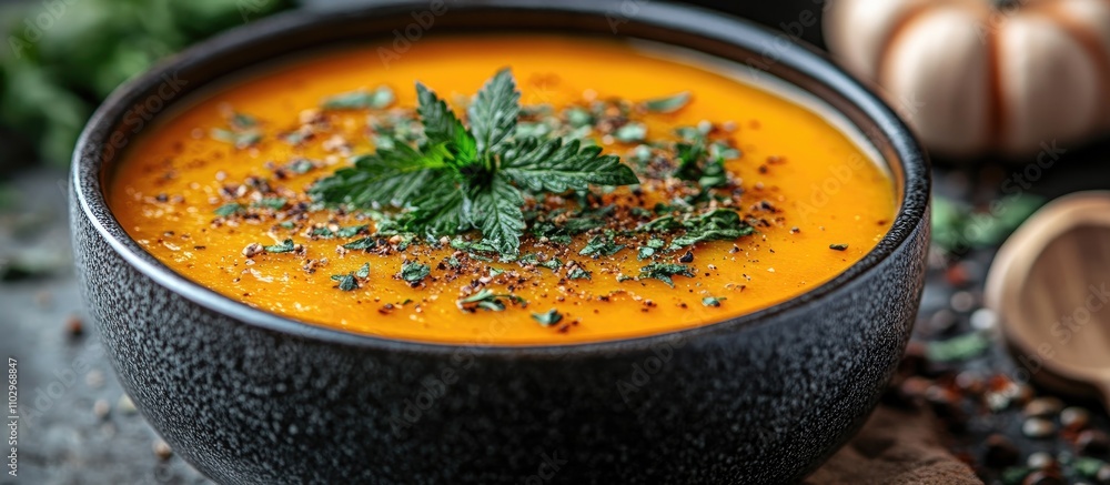 Poster pumpkin soup puree garnished with herbs and spices in a rustic bowl on a textured surface creating a
