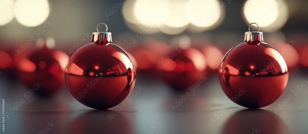 Poster shiny red christmas ornaments beautifully arranged with a soft silver bokeh background creating a fe