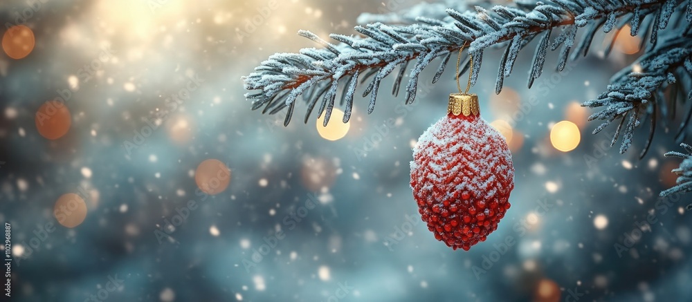 Aufkleber handmade mitten ornament hanging from a snowy spruce branch with soft bokeh lights creating a festiv