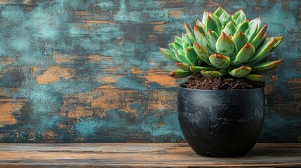 Succulent plant in a black pot on a rustic wooden surface with vibrant textured background for customizable text area
