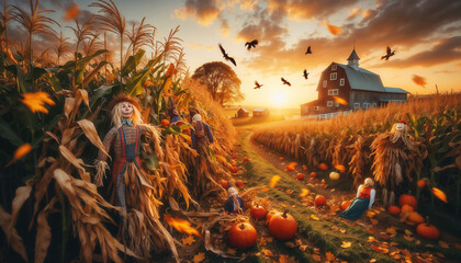 Step into the beauty of autumn with golden fields, scarecrows, and pumpkins. A peaceful harvest scene as the season of fall unfolds with the crisp breeze and vibrant colors.