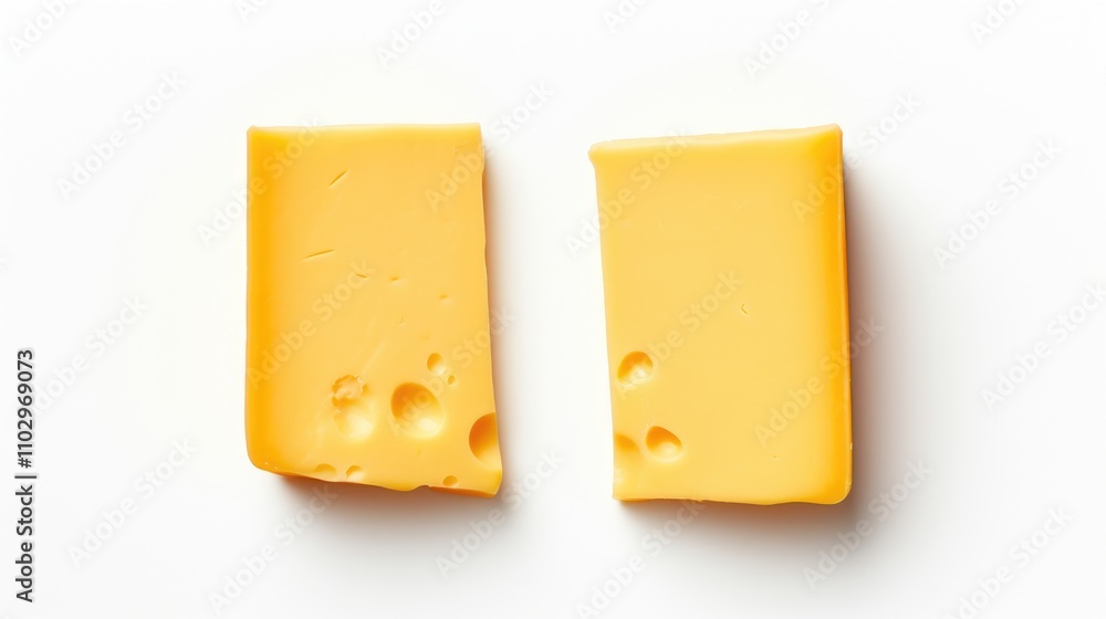 Poster two pieces of cheddar cheese on a white background displayed from above showcasing texture and color