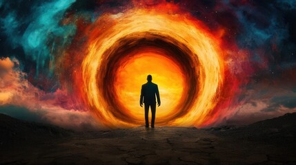 Abstract landscape enigmatic figure walks through colorful portal