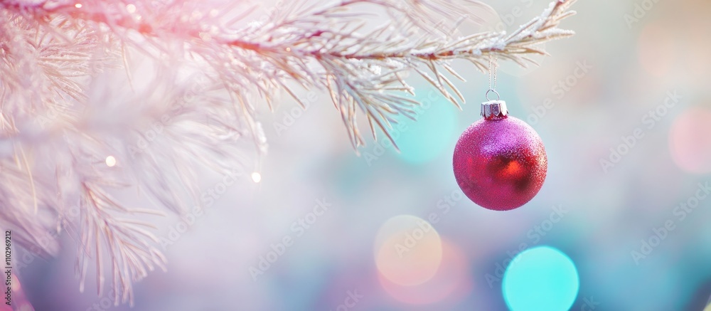 Poster red shiny ornament hanging from a white spruce branch with a blurred background of colorful bokeh li