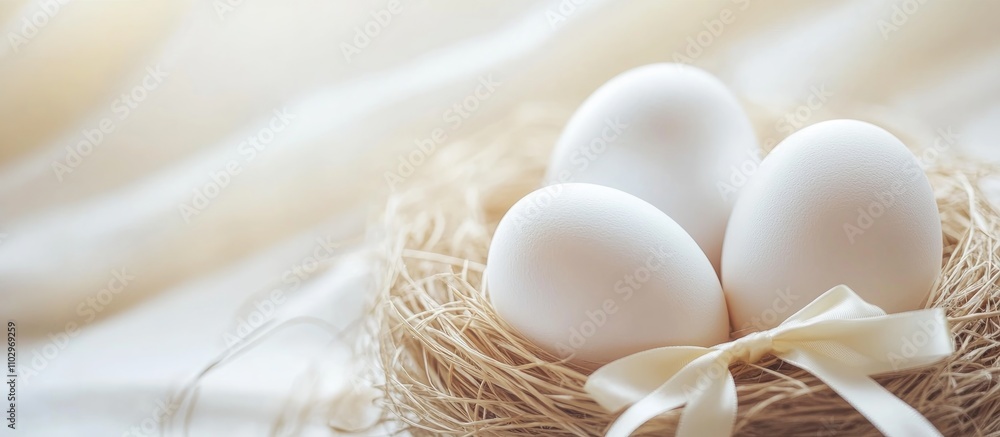 Poster elegant white easter eggs nestled in a natural straw nest adorned with a delicate ribbon on a soft b