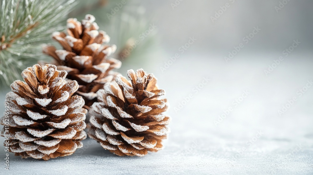 Poster close-up of three frosted pine cones on a white background with blurred pine branches creating a ser