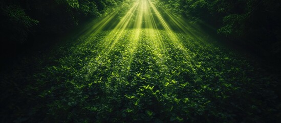 Lush green landscape with rays of sunlight highlighting renewable energy potential and sustainable technology in harmony with nature