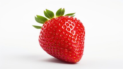 Ripe red strawberry with green leaves on a white background showcasing its vibrant color and texture for fresh food marketing.