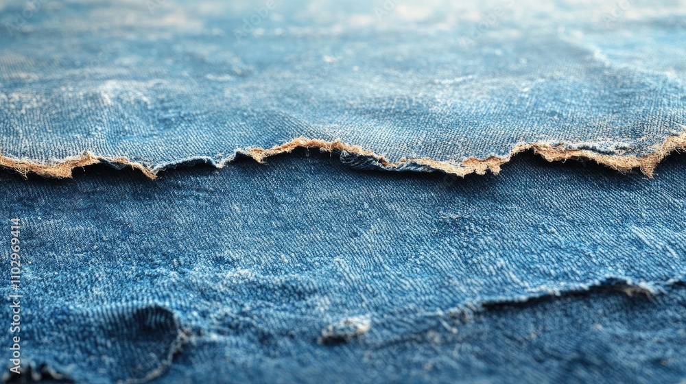 Poster blue denim fabric with torn edges displayed on a white background showcasing the reverse side of the