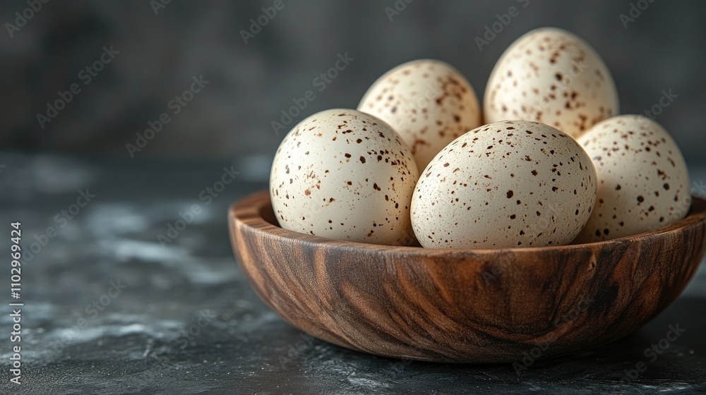Poster quail eggs arranged on a rustic wooden plate with a dark textured background showcasing natural spec