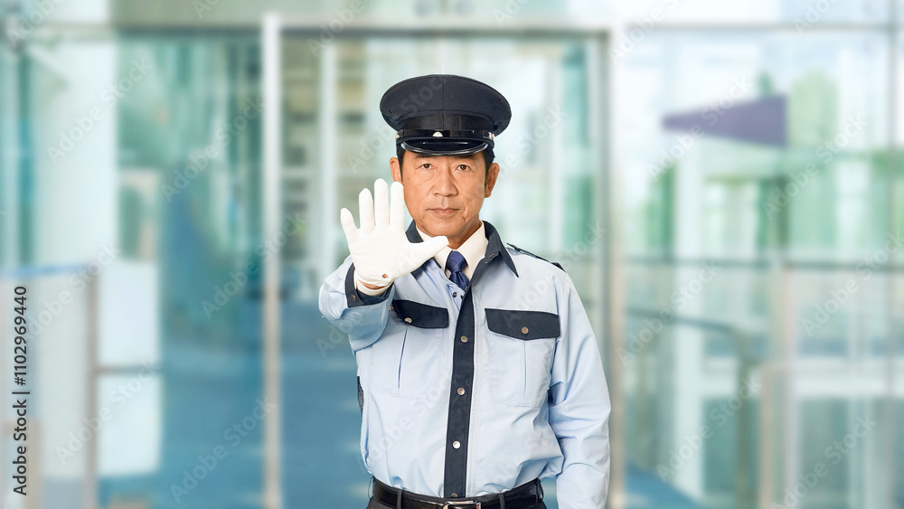 Leinwandbilder 警察官、警察、警官、セキュリティ、パトロール、警備員、立入禁止、通行止め、ストップ、警備、禁止、規制、止める、停止、制止、警備会社、防犯、防災、制服、守衛、ガードマン、門番、見張り、保安、ボディガード、見回り、巡回、監視、取り締まり、見守り、安全、違反、違法、ルール、ダメ、お断り、NG、上半身、工事、建設、危険、スローモーション、ビル、エントランス、施設、ホール、駅、通路、イベント、人物
