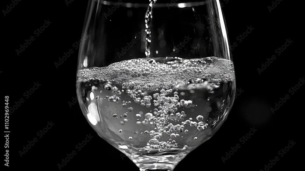 Poster pouring sparkling water into a clear glass creating bubbles with a dark background highlighting the 