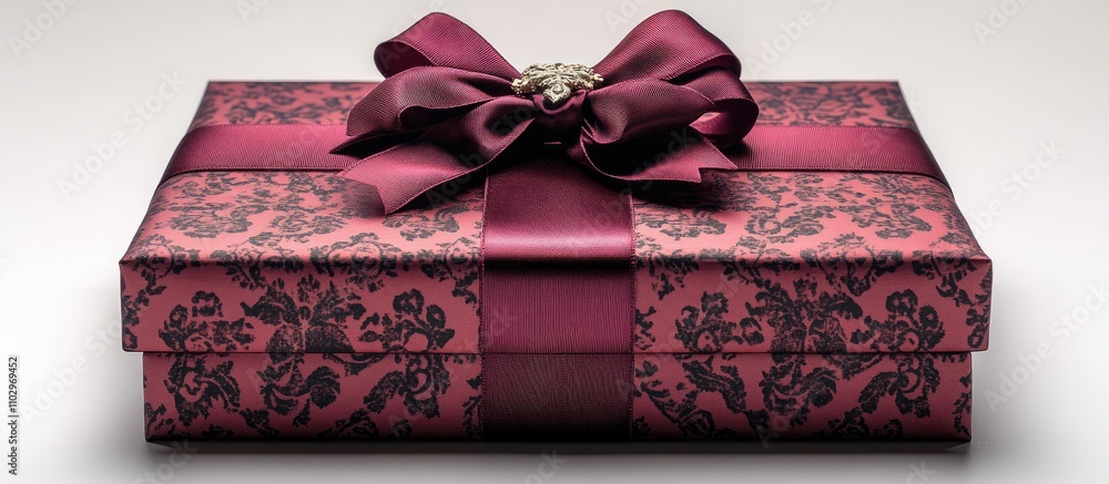 Poster elegant red gift box with intricate pattern and satin ribbon bow on a soft white background for holi