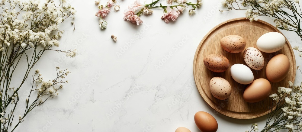 Aufkleber top view of decorative flowers and assorted eggs on a wooden mat against a blank background creating