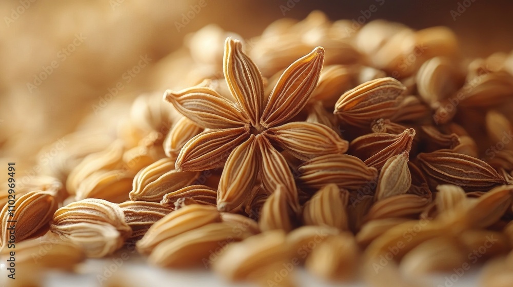 Poster dried fennel seeds arranged in a decorative stack on a plain background showcasing their unique shap