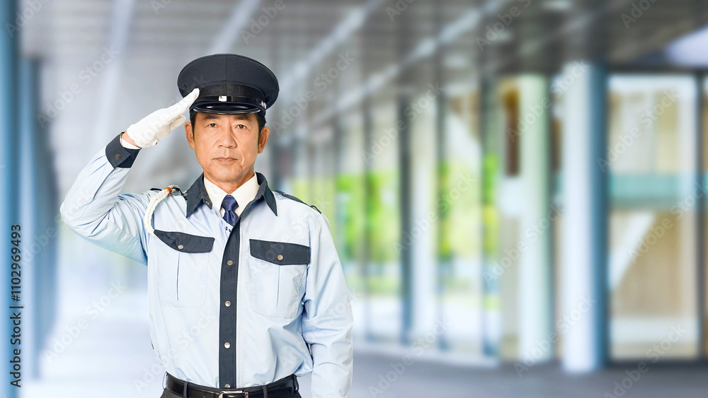 Aufkleber 警察官、警察、警官、セキュリティ、パトロール、安全、警備員、敬礼、制服、日本人、信頼、警備、警戒、警備会社、防犯、防災、守衛、ガードマン、門番、見張り、保安、ボディガード、見回り、巡回、監視、取り締まり、見守り、仕事、アルバイト、職業、シリアス、正義、正義感、朝礼、式典、儀礼、上半身、公務員、挨拶、交番、警察署、スローモーション、ビル、エントランス、施設、ホール、駅、通路、イベント、人物