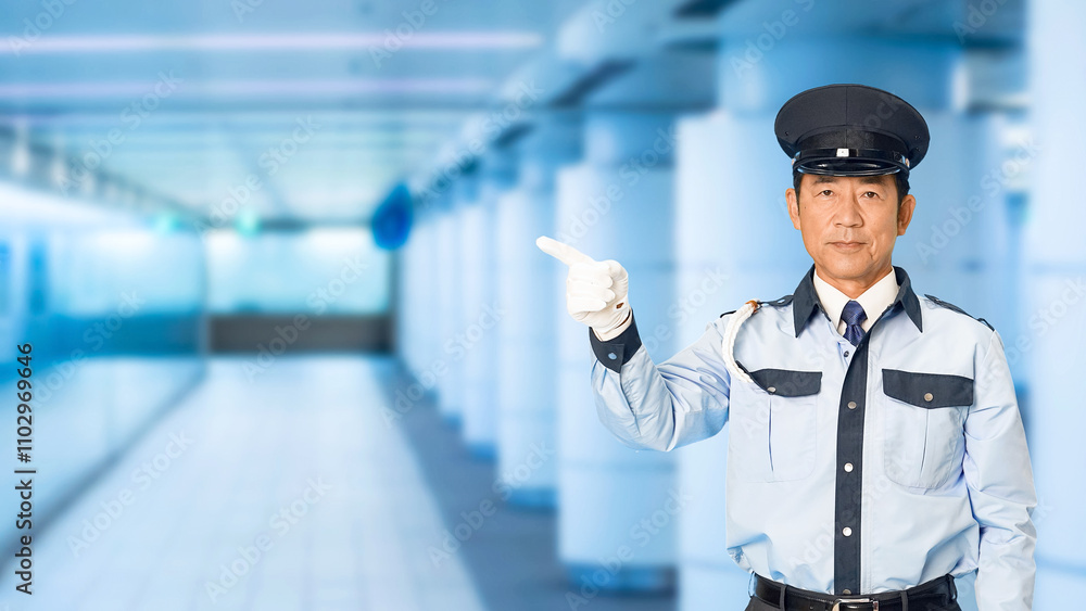 Poster 警察官、警備員、誘導、案内、警備、日本人、男性、紹介、お知らせ、指さす、指す、警官、交通整理、通行、合図、ガイド、告知、報告、見せる、提案、研修、教育、宣伝、広告、PR、おすすめ、勧める、説明、解説、セキュリティ、警備会社、防犯、防災、制服、守衛、警察、交番、道案内、職業、仕事、アルバイト、中年、スローモーション、地下、通路、駅、駅員、地下鉄、地下道、人物