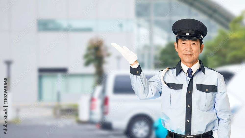 Fototapete グリーンバック、自動車、警備員、警察官、誘導、案内、警備、日本人、男性、紹介、お知らせ、指す、URL、警官、交通整理、通行、合図、ガイド、告知、報告、見せる、提案、研修、教育、宣伝、広告、PR、おすすめ、勧める、説明、解説、セキュリティ、警備会社、防犯、制服、守衛、警察、交番、道案内、笑顔、職業、仕事、アルバイト、中年、ミドルエイジ、スローモーション、駐車場、駐車、パーキング、人物