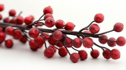 Red artificial plastic cherries branch for festive Christmas decoration on a white background creating a cheerful holiday atmosphere