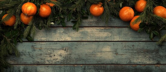 Tangerines and fir branches arranged on a rustic wooden surface creating a warm and natural seasonal backdrop for festive imagery