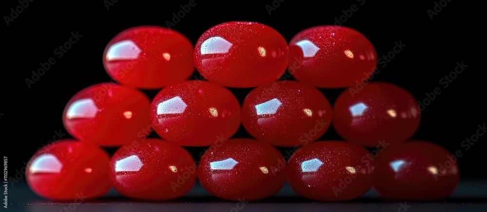 Poster stack of shiny bright red candies arranged in pyramid shape on a dark background showcasing their vi