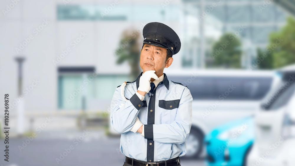 Aufkleber 警察官、警察、パトロール、捜査、警備員、悩む、迷う、疑問、問題、トラブル、防犯、警備、日本人、男性、表情、困る、悩み、転職、セキュリティ、警備会社、防災、制服、守衛、ガードマン、門番、お巡りさん、職業
