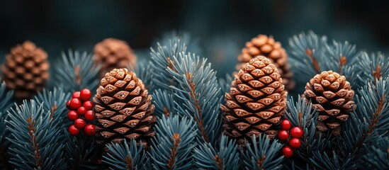 Evergreen tree branches decorated with viburnum berries and pine cones for a festive New Year holiday ambiance.