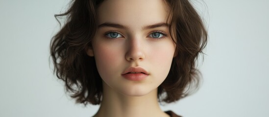 Naklejka premium Natural portrait of a young woman with expressive blue eyes and soft features against a minimalistic white background.
