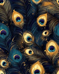 Elegant Peacock Feather Pattern with Dark Mystic Vibes ,Vibrant peacock feather pattern on dark background ,Fantasy-Inspired Peacock Aesthetic for Home Decor