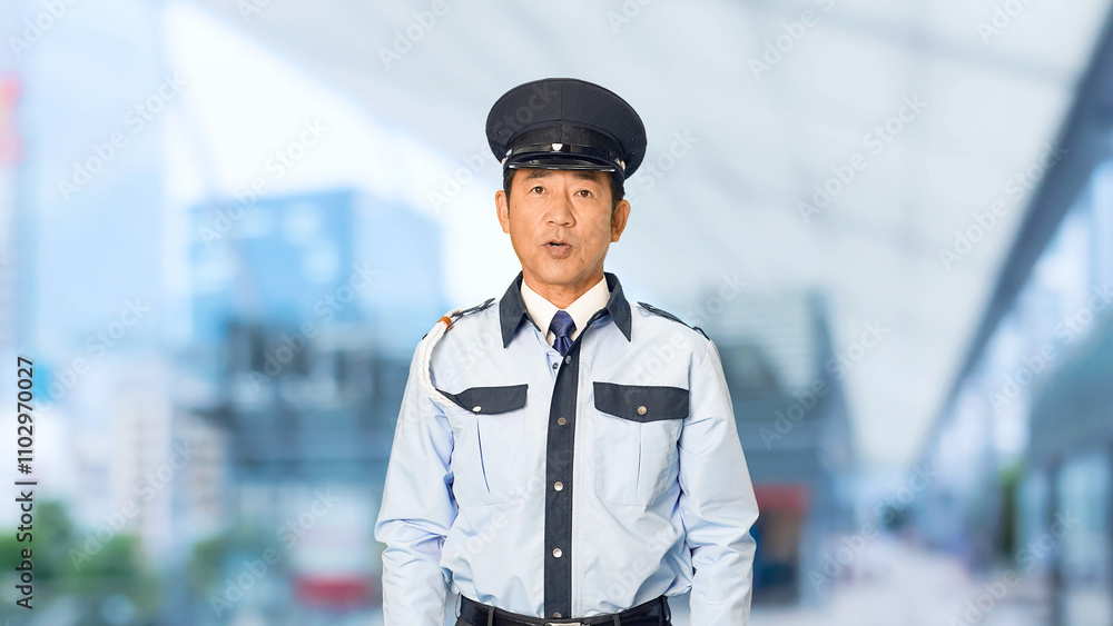 Poster 警察官、セキュリティ、警察、捜査、パトロール、制服、安全、警備員、会話、話す、職務質問、職質、防犯、声かけ、聞き込み、事情聴取、訪問、警備、警備会社、防災、守衛、ガードマン、門番、お巡りさん、交番、職業、仕事、アルバイト、中年、ミドルエイジ、男性、日本人、巡回、監視、取り締まり、見守り、通報、警戒、カメラ目線、道案内、派遣、スローモーション、駅、駅前、都市、啓発、治安、社会、都会、人物