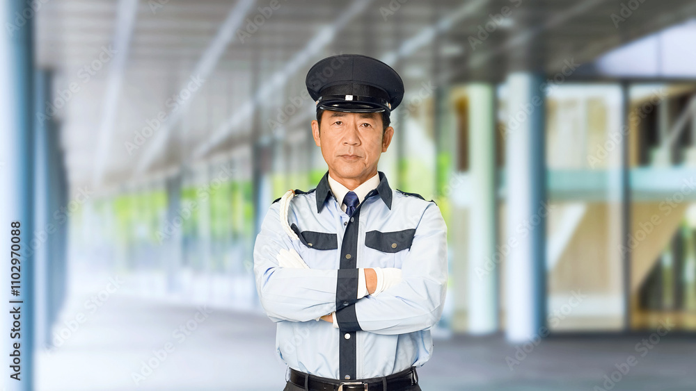 Aufkleber 警察官、警察、セキュリティ、パトロール、警備員、制服、警備、腕組み、偉そう、圧力、警戒、見張り、日本人、監視、高圧的、警備会社、防犯、防災、守衛、ガードマン、門番、お巡りさん、交番、巡査、職業、仕事、アルバイト、中年、ミドルエイジ、男性、巡回、取り締まり、見守り、安全、安心、通報、カメラ目線、見る、睨む、職務質問、職質、スローモーション、ビル、エントランス、施設、ホール、駅、通路、イベント、人物