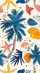 Colorful tropical pattern with seashells and palms ,Tropical beach seamless pattern, vibrant tropical beach seamless pattern with palm trees and seashells, summer ocean-themed fabric design
