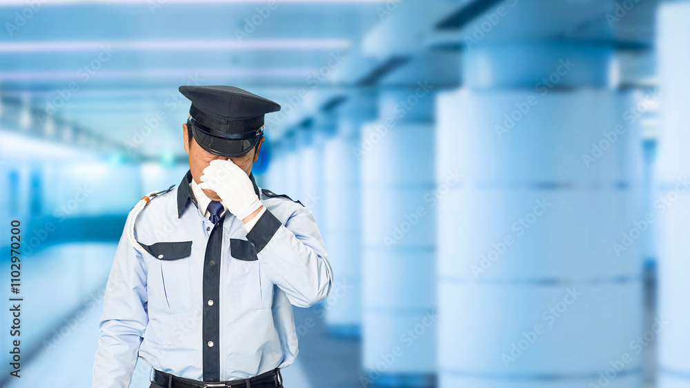 Fototapete 警察官、警官、警察、パトロール、警備員、男性、泣く、悲しい、警備、転職、ストレス、悩み、事件、事故、残念、落ち込む、セキュリティ、警備会社、防犯、防災、制服、守衛、ガードマン、門番、お巡りさん、職業、仕事、アルバイト、中年、ミドルエイジ、日本人、巡回、監視、取り締まり、見守り、安全、失敗、不祥事、交通、違反、謝罪、スローモーション、地下、通路、駅、駅員、職員、地下鉄、地下道、人物