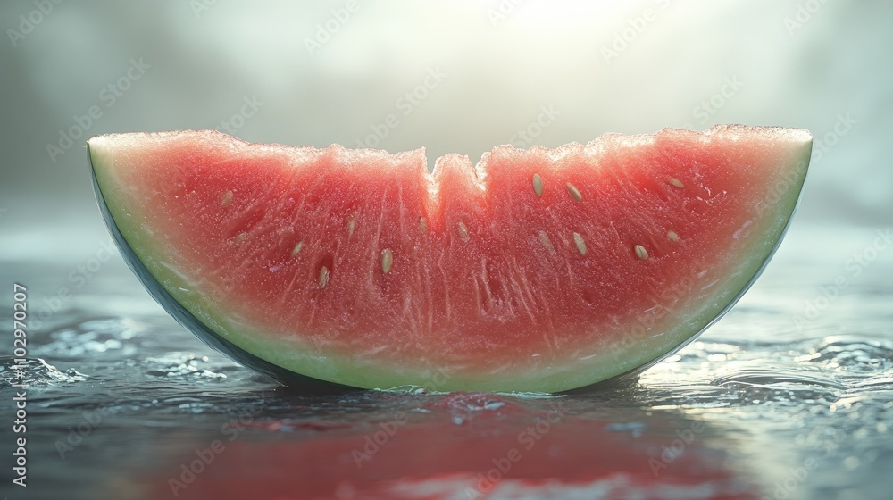 Poster fresh watermelon slice on reflective surface with soft light creating a refreshing summer vibe ideal