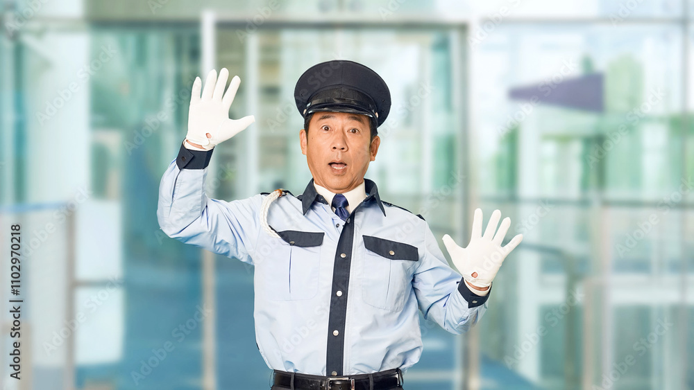 Poster 警察官、警官、警察、パトロール、セキュリティ、捜査、警備員、制服、驚く、びっくり、事件、事故、盗難、不祥事、ショック、警備、警備会社、防犯、防災、守衛、ガードマン、門番、職業、仕事、アルバイト、中年、ミドルエイジ、男性、日本人、見回り、巡回、監視、取り締まり、見守り、安全、発見、殺人、傷害、トラブル、犯罪、目撃、スローモーション、ビル、エントランス、施設、ホール、駅、通路、イベント、人物