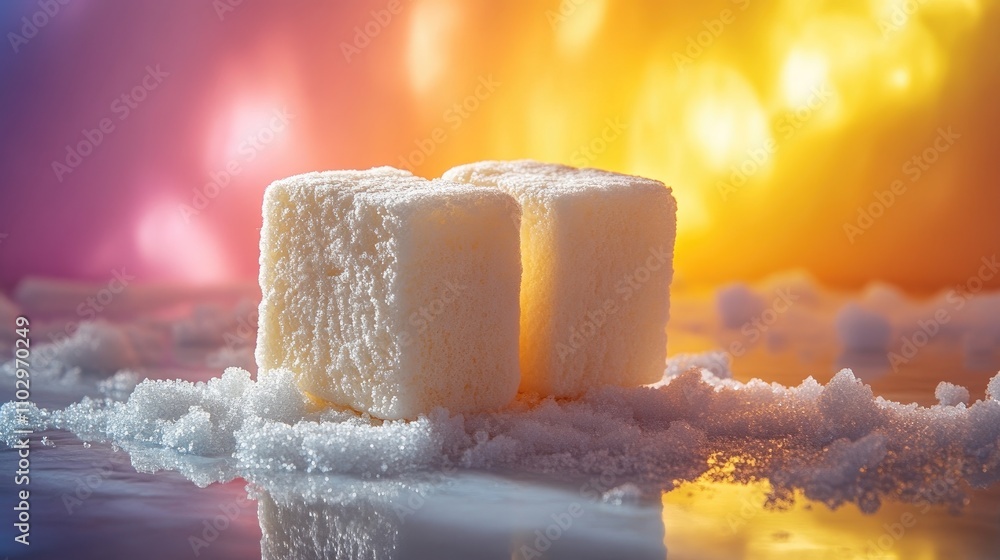 Poster Marshmallow cubes on a reflective surface with a colorful blurred background creating a whimsical and vibrant atmosphere