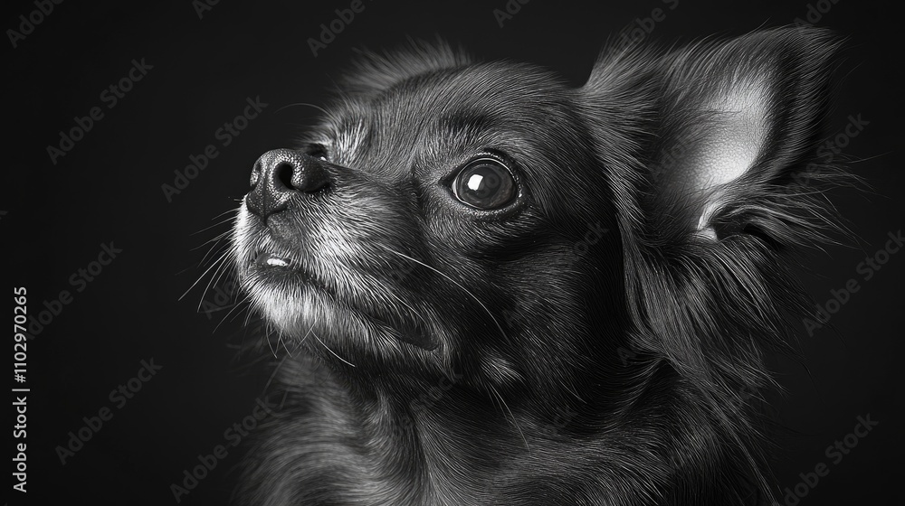 Poster Charming Chihuahua portrait with focused gaze against a minimalist dark background showcasing the dog's elegant features and expression.