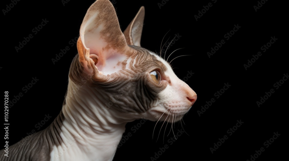 Poster profile portrait of a cornish rex cat showcasing its distinctive features against a black background