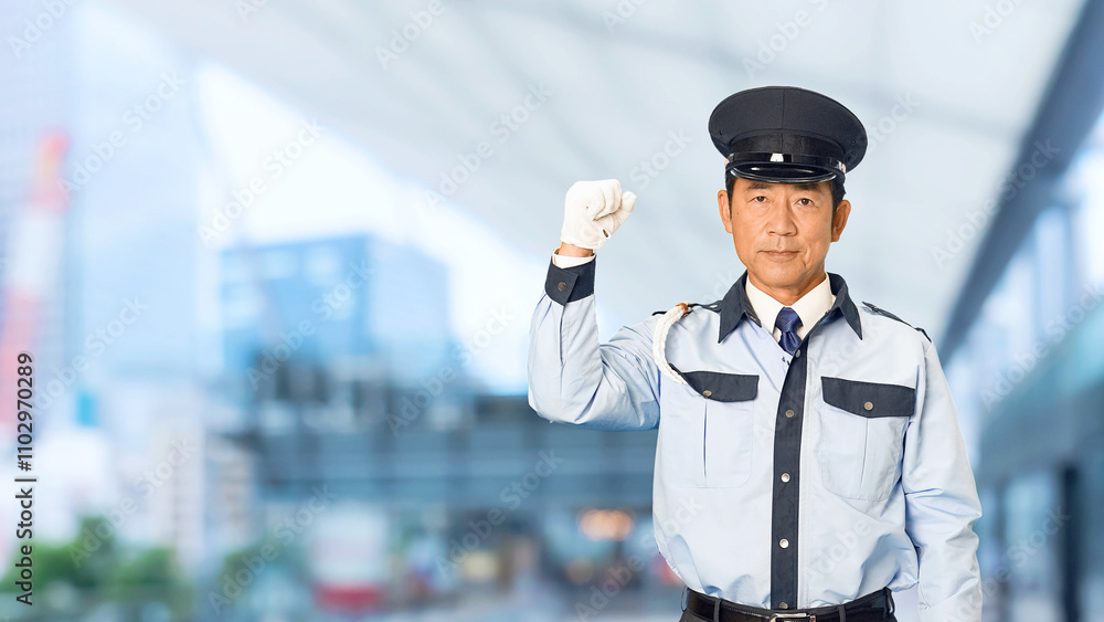 Aufkleber 警察、警察官、セキュリティ、パトロール、安全、警備員、男性、制服、ガッツポーズ、元気、やる気、日本人、警備、パワフル、パワー、モチベーション、努力、頑張る、信頼、安心、警備会社、防犯、防災、守衛、ガードマン、門番、見張り、保安、ボディガード、交通整理、工事現場、建設、働く、仕事、アルバイト、見守り、サクセス、上半身、成功、挑戦、チャレンジ、スローモーション、駅、駅前、都市、治安、社会、都会、繁華街