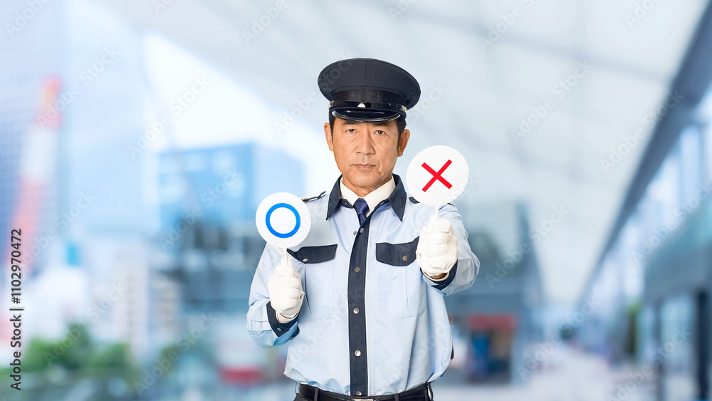 Poster 警察官、セキュリティ、警察、パトロール、警備員、男性、NG、ダメ、警告、違反、違法、却下、ルール、法律、間違い、警備、警備会社、防犯、制服、守衛、税関、お巡りさん、交番、公務員、職員、巡査、職業、仕事、アルバイト、中年、ミドルエイジ、日本人、監視、取り締まり、見守り、安全、安心、通報、バツ、罰則、罰金、スローモーション、駅、駅前、都市、治安、社会、都会、繁華街、人物
