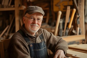 Carpenter using traditional joinery techniques to create a wooden bench, old world craftsmanship in a small, cluttered workshop.